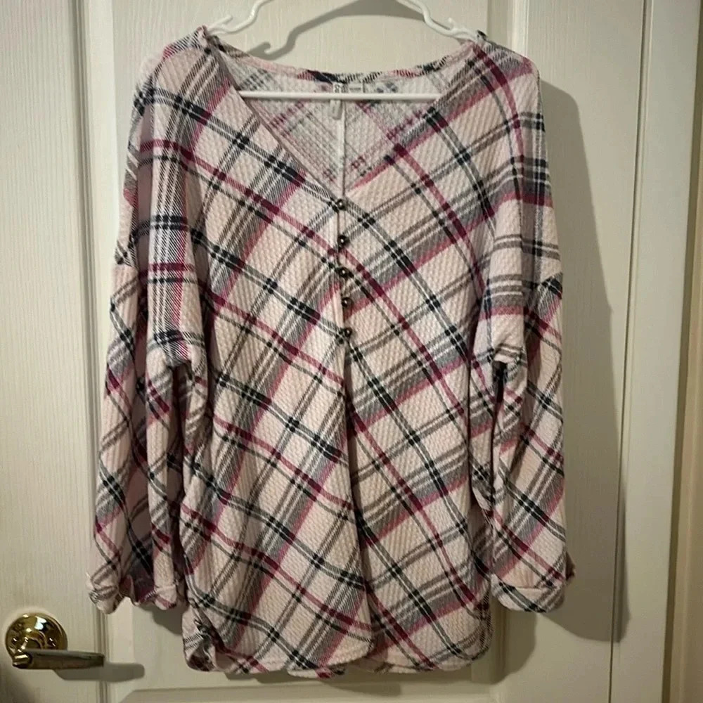 Cato’s pink checked blouse with gathered sides size 14/16